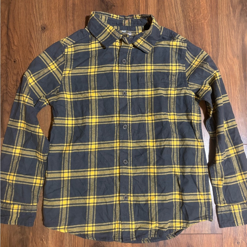 Cat & Jack Boys’ Long Sleeve Plaid Flannel Button-Down Shirt - Gray/Yellow - Picture 2 of 3